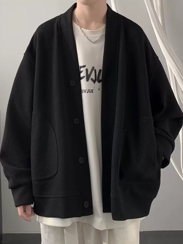 Chaqueta tipo cárdigan con cuello en V y diseño waffle liso para hombre-2