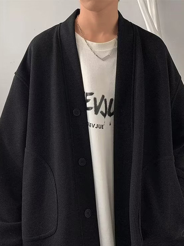 Chaqueta tipo cárdigan con cuello en V y diseño waffle liso para hombre-1