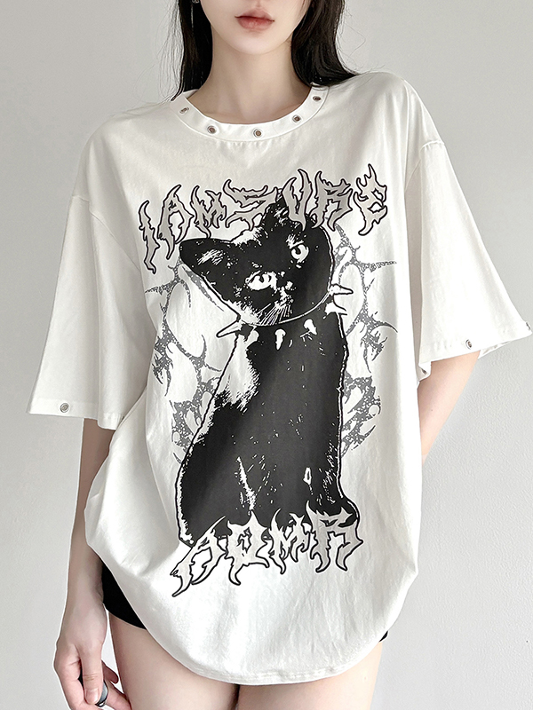 Camiseta holgada de cuello redondo perforada con estampado de gato oscuro-1