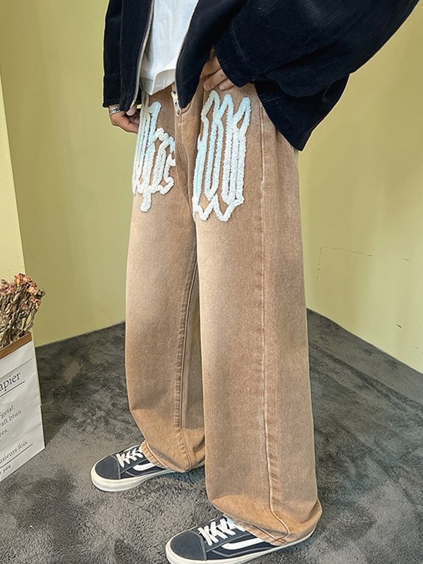 Jeans de pierna recta con letras difusas para hombre-1