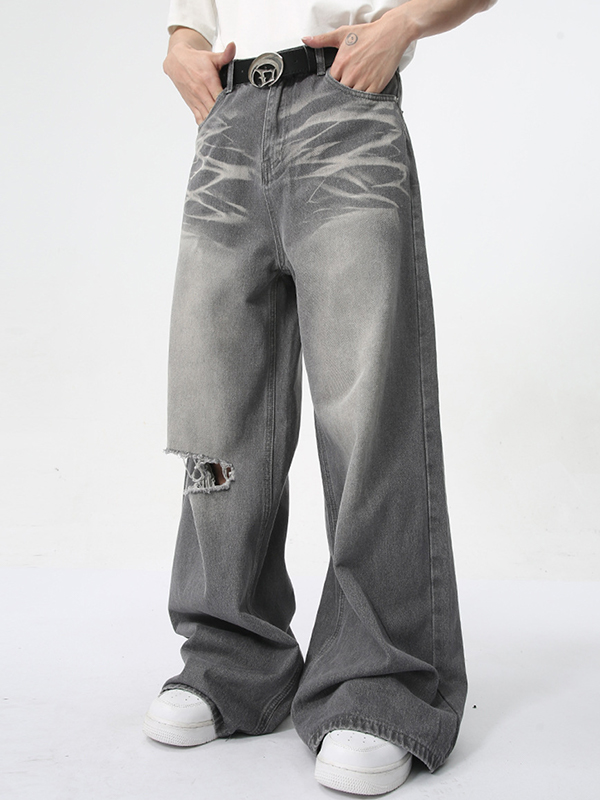Jeans holgados con agujeros y estampado vintage lavado-1