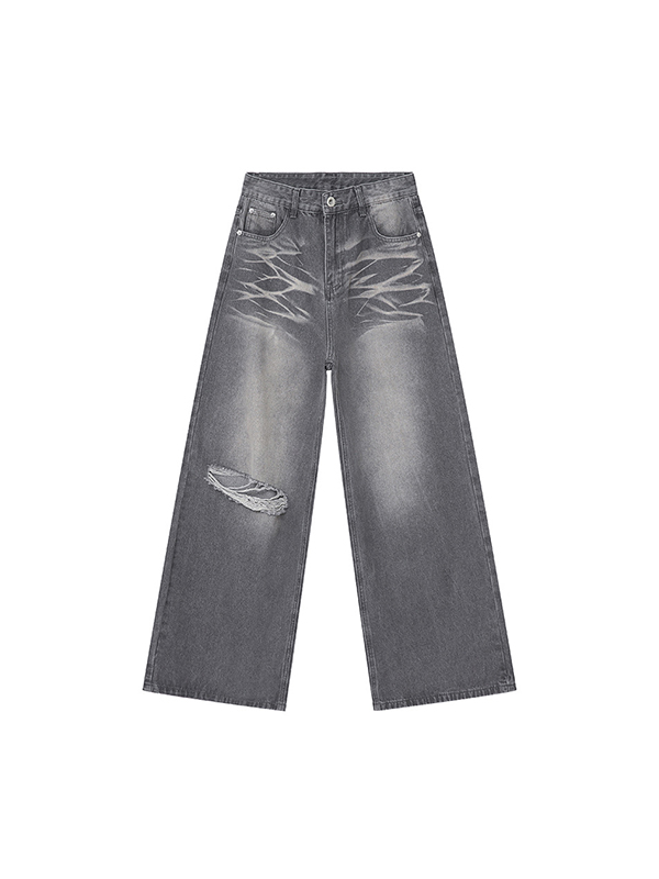Jeans holgados con agujeros y estampado vintage lavado-5