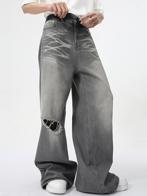 Jeans holgados con agujeros y estampado vintage lavado-4