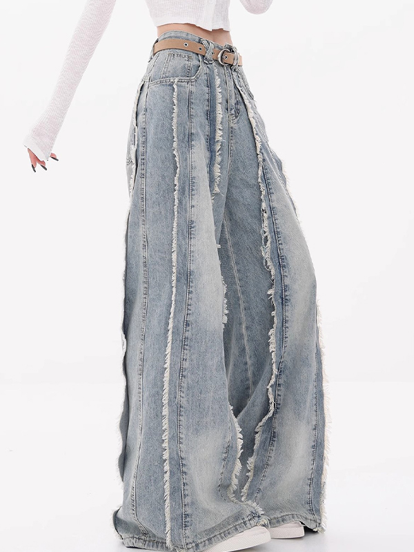 Jeans acampanados con diseño de borde sin rematar y perneras anchas-2