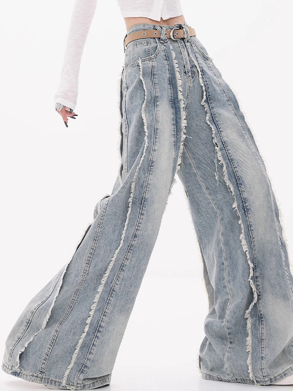 Jeans acampanados con diseño de borde sin rematar y perneras anchas-3