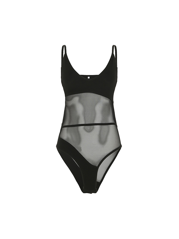 Body de cuello en V con retazos de malla-4