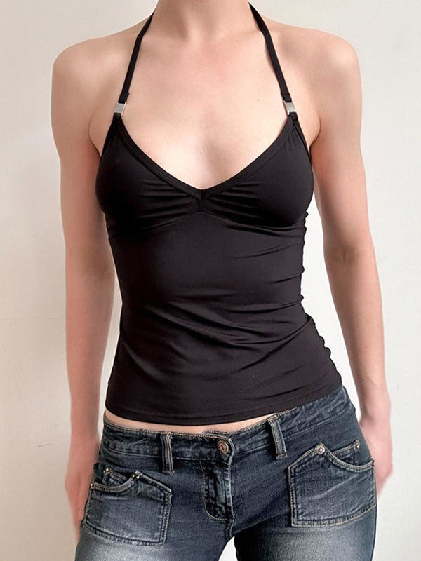 Chaleco halter con cuello en V y ribete metálico-3