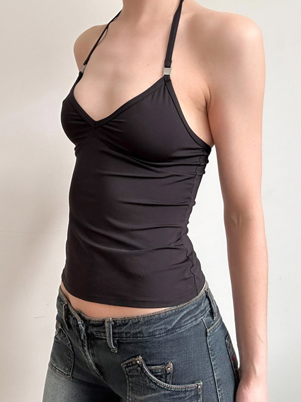 Chaleco halter con cuello en V y ribete metálico-4