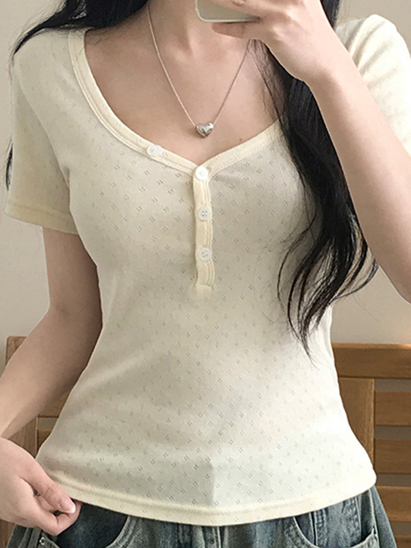 Cuello en V texturizado y mangas cortas-1