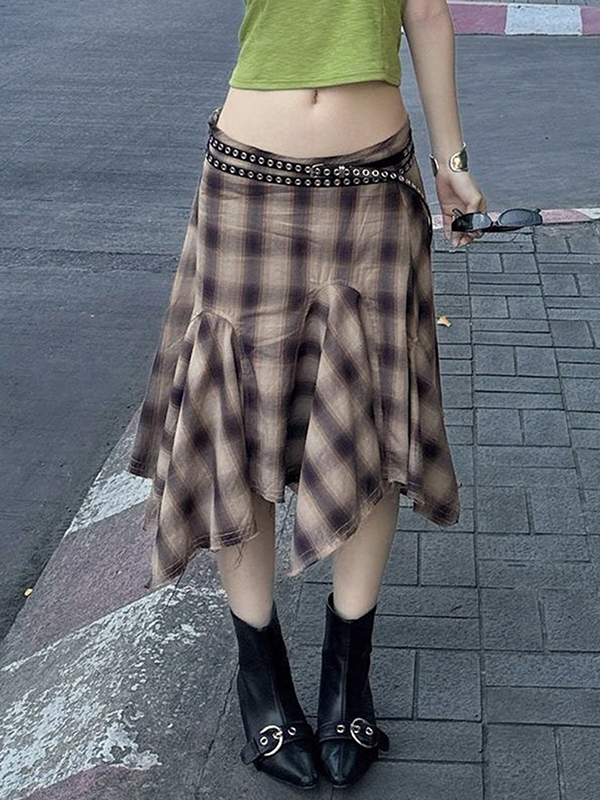 Falda larga de patchwork a cuadros retro-3