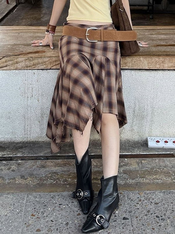 Falda larga de patchwork a cuadros retro-1