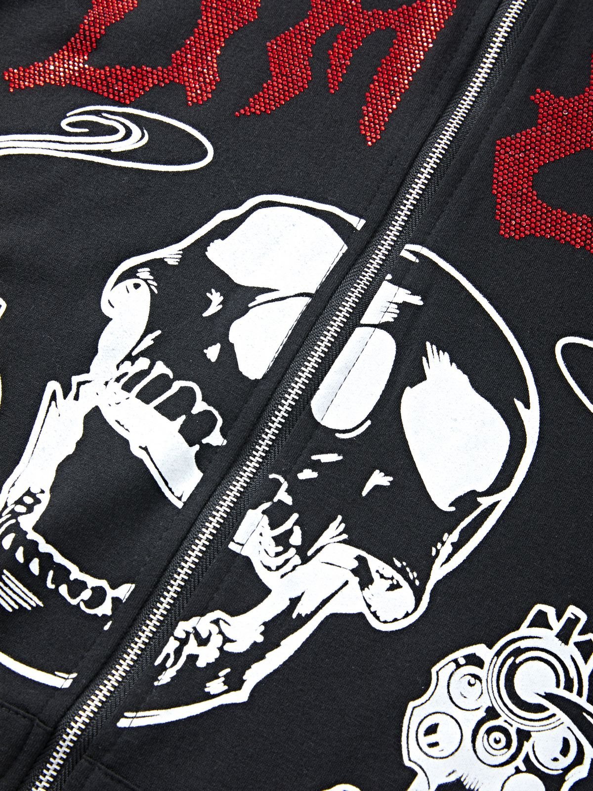 Sudadera con capucha negra con cremallera y calavera con letra de diamantes de imitación para hombre-3