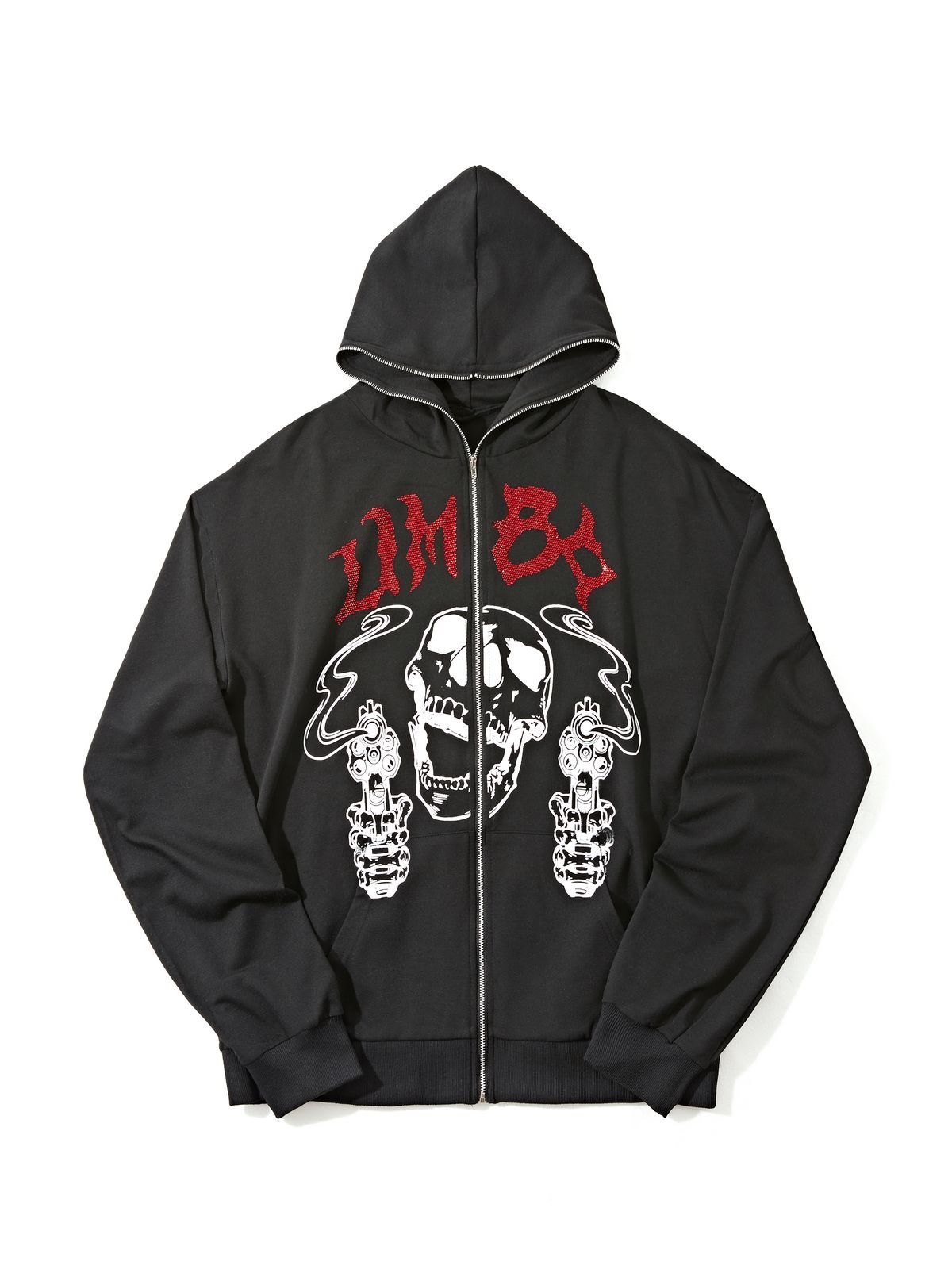 Sudadera con capucha negra con cremallera y calavera con letra de diamantes de imitación para hombre-2