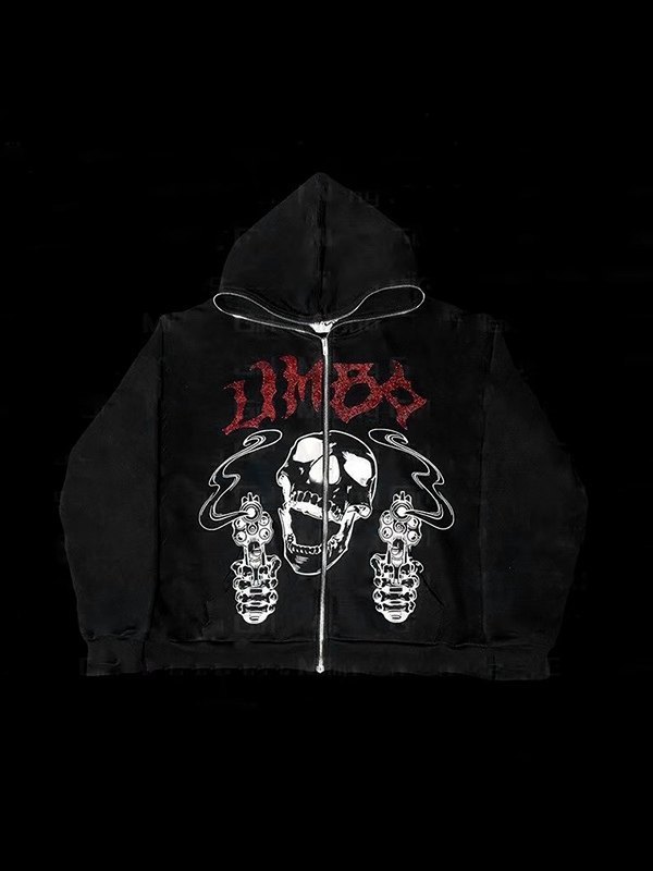 Sudadera con capucha negra con cremallera y calavera con letra de diamantes de imitación para hombre-1
