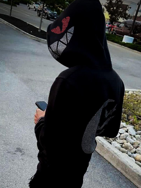 Sudadera con capucha extragrande con estampado de diamantes de imitación Devil Moon para hombre-1