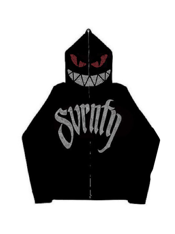 Sudadera con capucha extragrande con estampado de diamantes de imitación Devil Moon para hombre-3