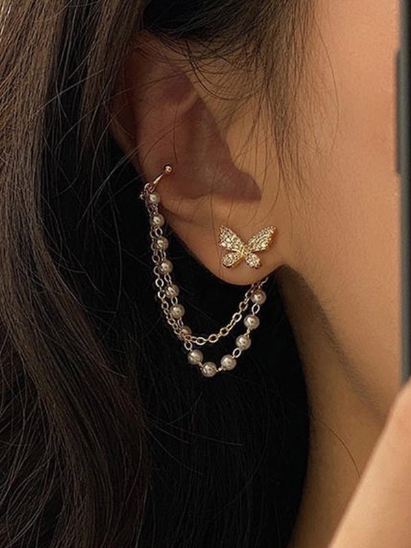 Pendiente de mariposa con diamantes de imitación y borla de perlas de imitación-2
