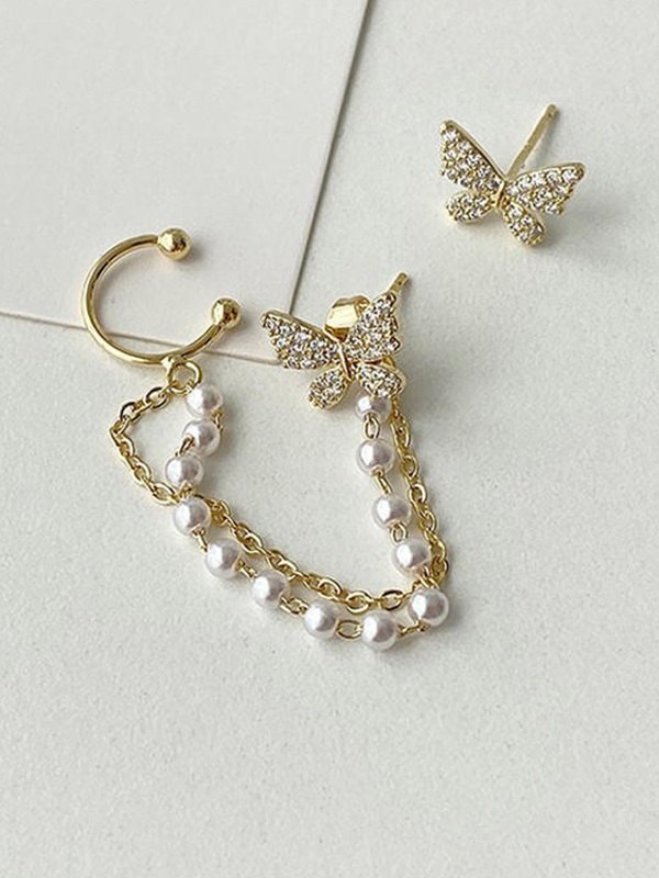 Pendiente de mariposa con diamantes de imitación y borla de perlas de imitación-5