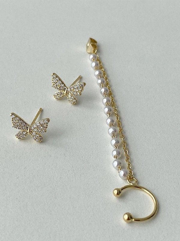 Pendiente de mariposa con diamantes de imitación y borla de perlas de imitación-6