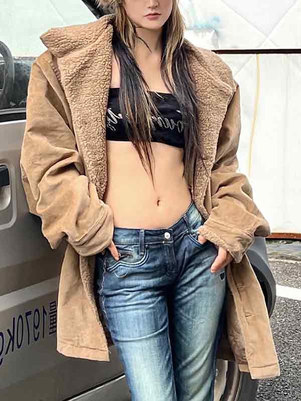 Abrigo holgado estilo western de lana de cordero con parches de color marrón retro-3