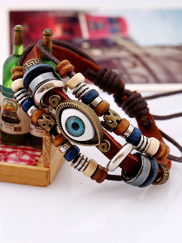 Pulsera de múltiples capas con cuentas de patrón de ojos boho vintage-1