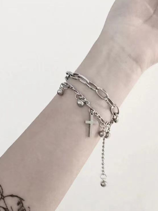 Pulsera colgante de cruz con cuentas de cadena de doble capa-2