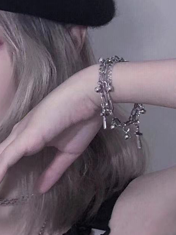 Pulsera colgante de cruz con cuentas de cadena de doble capa-4