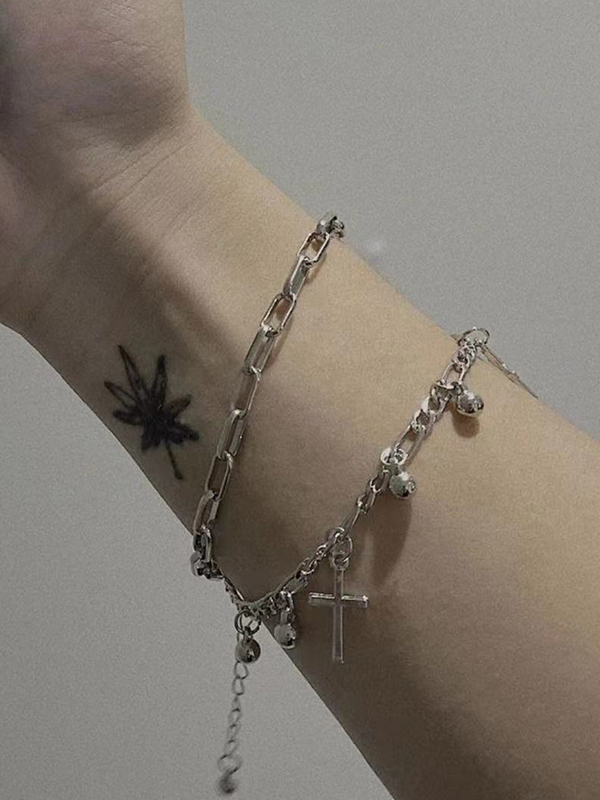 Pulsera colgante de cruz con cuentas de cadena de doble capa-3
