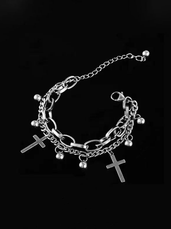 Pulsera colgante de cruz con cuentas de cadena de doble capa-1